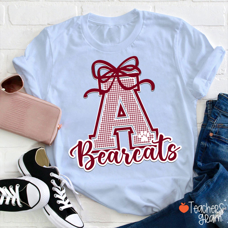 Personalized Mascot Gingham Varsity Coquette Bow Teacher T-Shirt