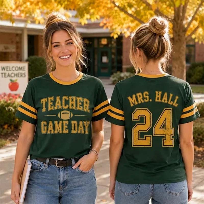 Personalized Name Number Vintage Game Day Teacher Eco Oversized Graphic T-Shirt
