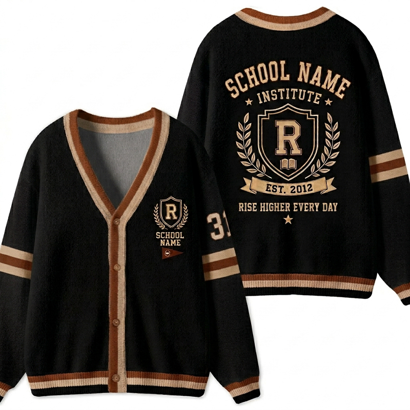 Personalized School Name Crest Est Year Slogan Teacher Ugly Cardigan Sweater