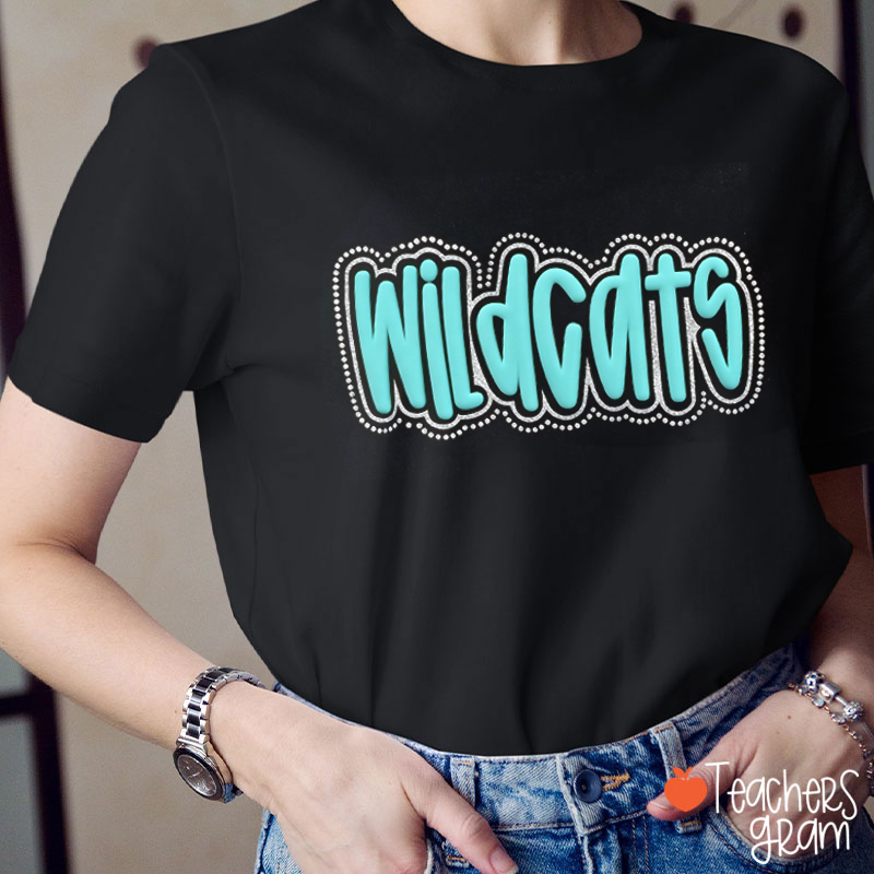 Personalized Mascot Puff Printed Dot Border Glitter Outline Teacher T-Shirt