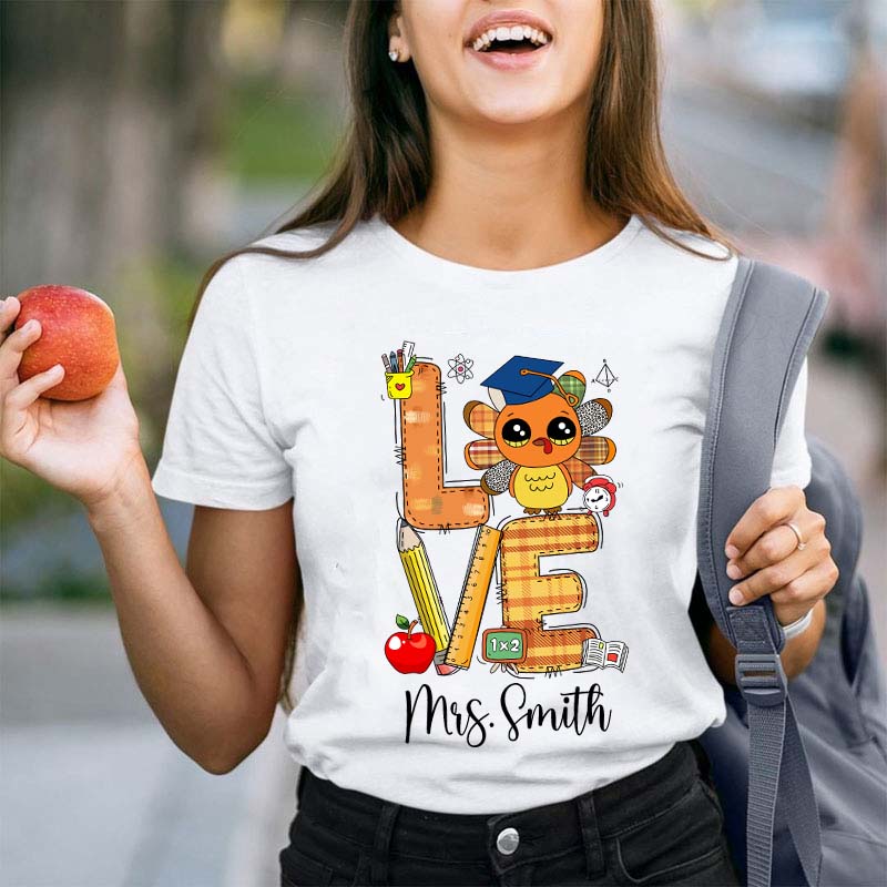 Personalized Name Thankful Cute Turkey Teacher T-Shirt