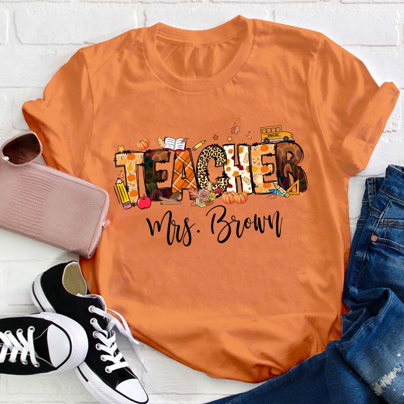 Personalized Name Autumn Crew Teacher T-Shirt