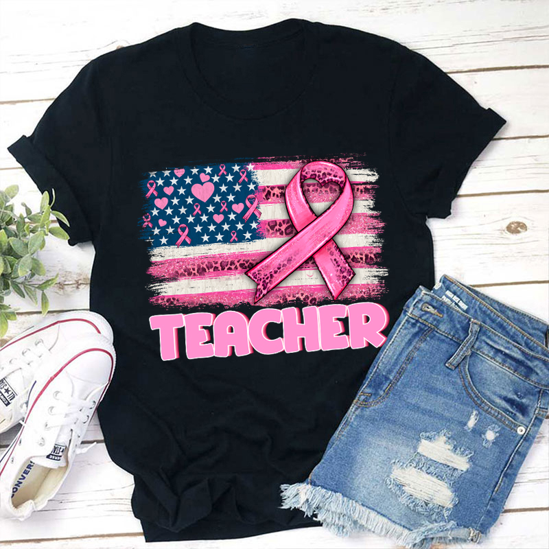 Personalized American Flag With Pink Ribbon Teacher T-Shirt