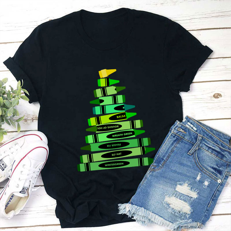 Green Crayon Christmas Tree Teacher T-Shirt Sale-Teachersgram