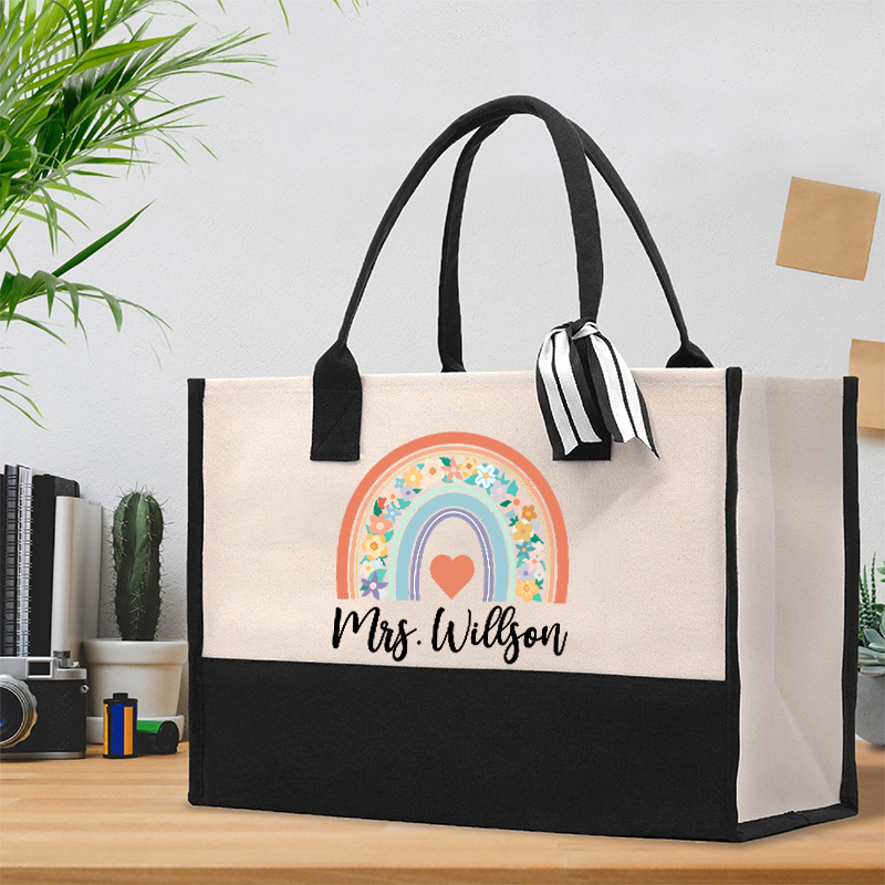 Personalized Flower Rainbow Teacher Cotton Tote Bag