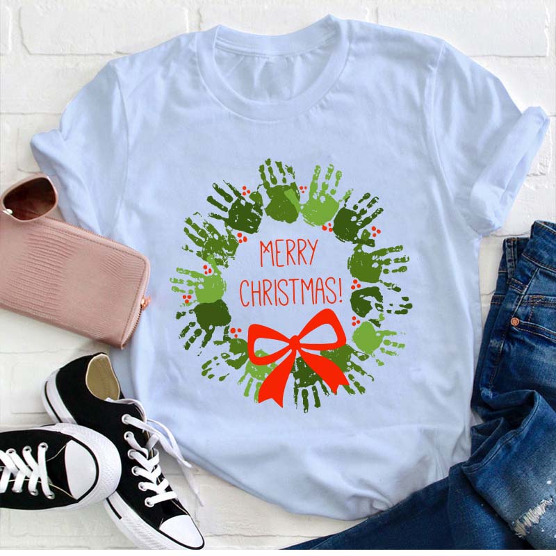 Cute Hands Merry Christmas Teacher T-Shirt