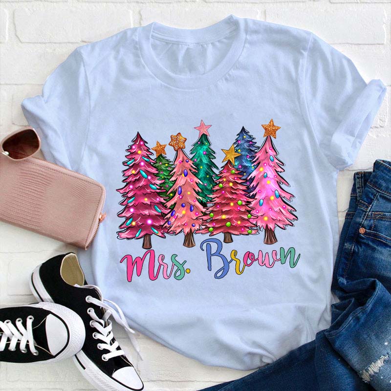 Personalized Name Colorful Christmas Trees Teacher T-Shirt