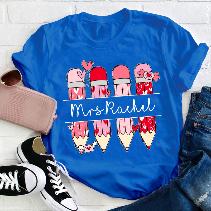 Personalized Pink Pencil Name Teacher T-Shirt