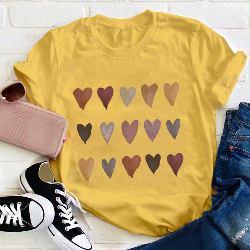 Skin Tone Kindness Watercolor Hearts Teacher T-Shirt