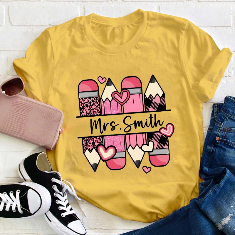 Personalized Name Pink Pencil Teacher T-Shirt