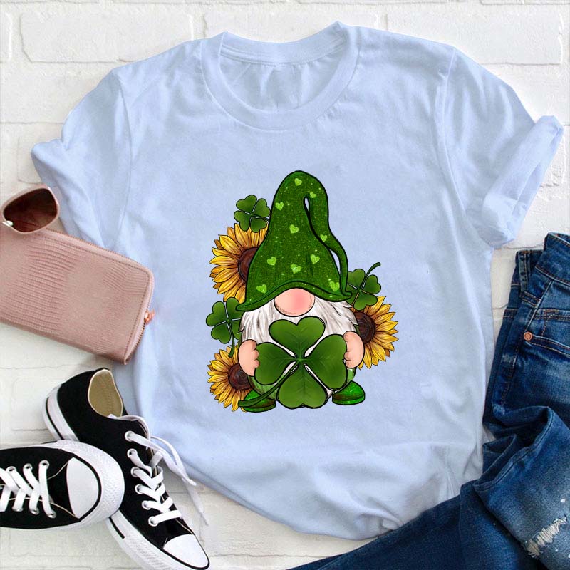 St. Patricks Day Gnome With Sunflowers Teacher T-Shirt