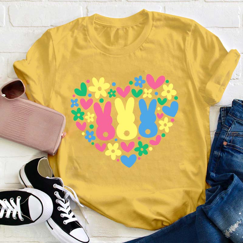 Floral Bunnies Heart Teacher T-Shirt