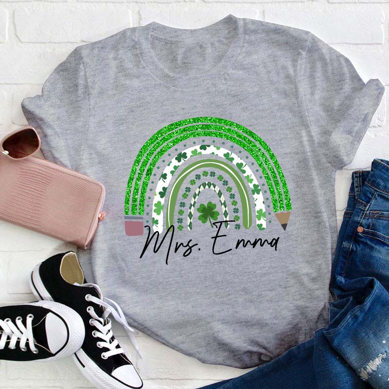 Personalized Green Rainbow Pencil Name Teacher T-Shirt