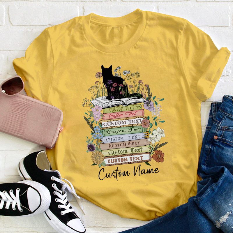 Personalized Vintage Floral Cat Books Teacher T-Shirt