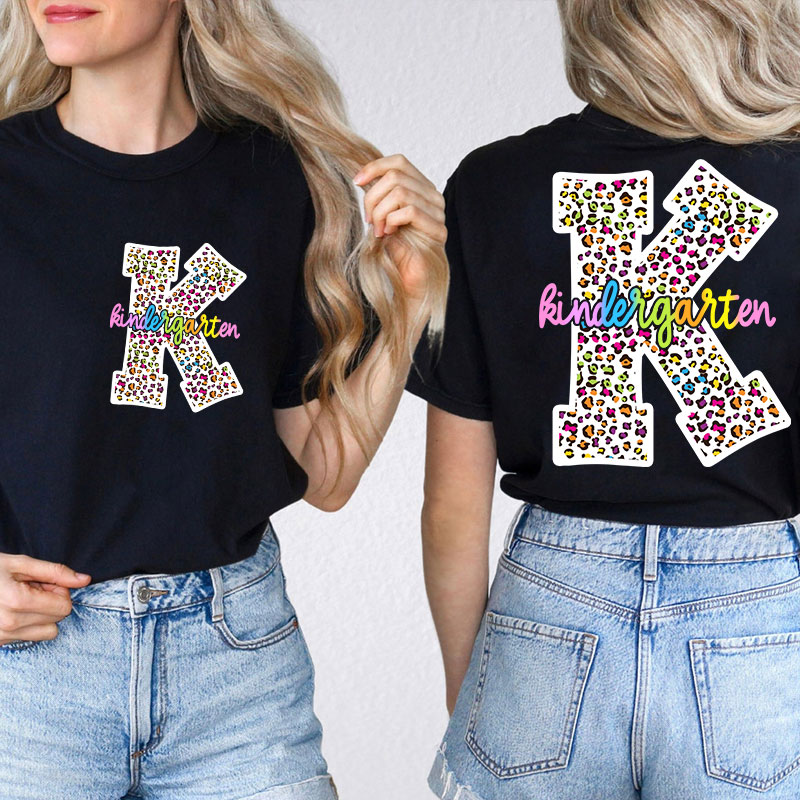 Personalized Colorful Leopard Letter Is For Teacher Two Sided T-Shirt