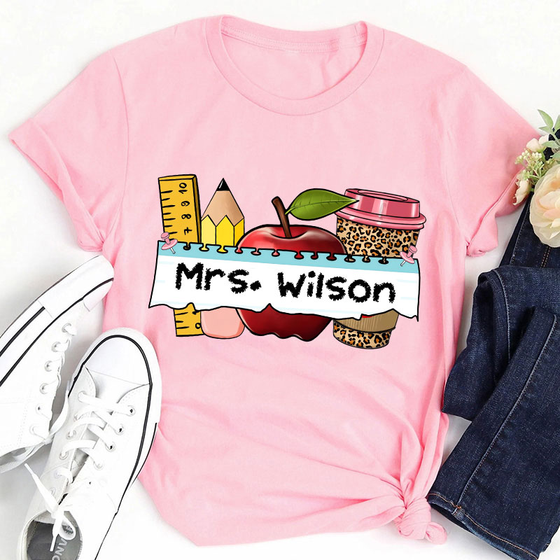 Personalized Name Apple Coffee School Supplies Teacher T-Shirt