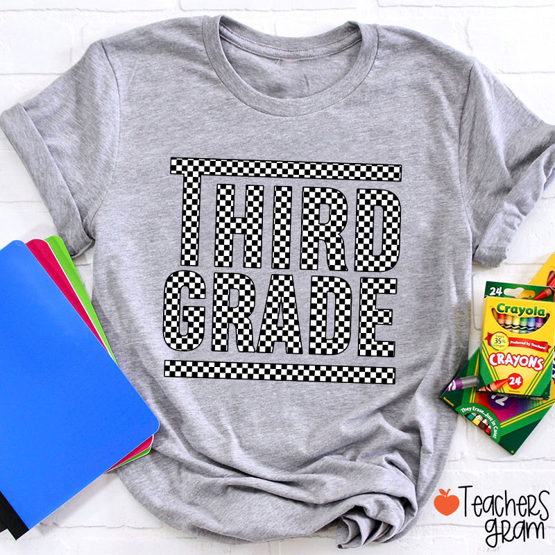 Personalized Black And White Checkerboard Grade Teacher T-Shirt