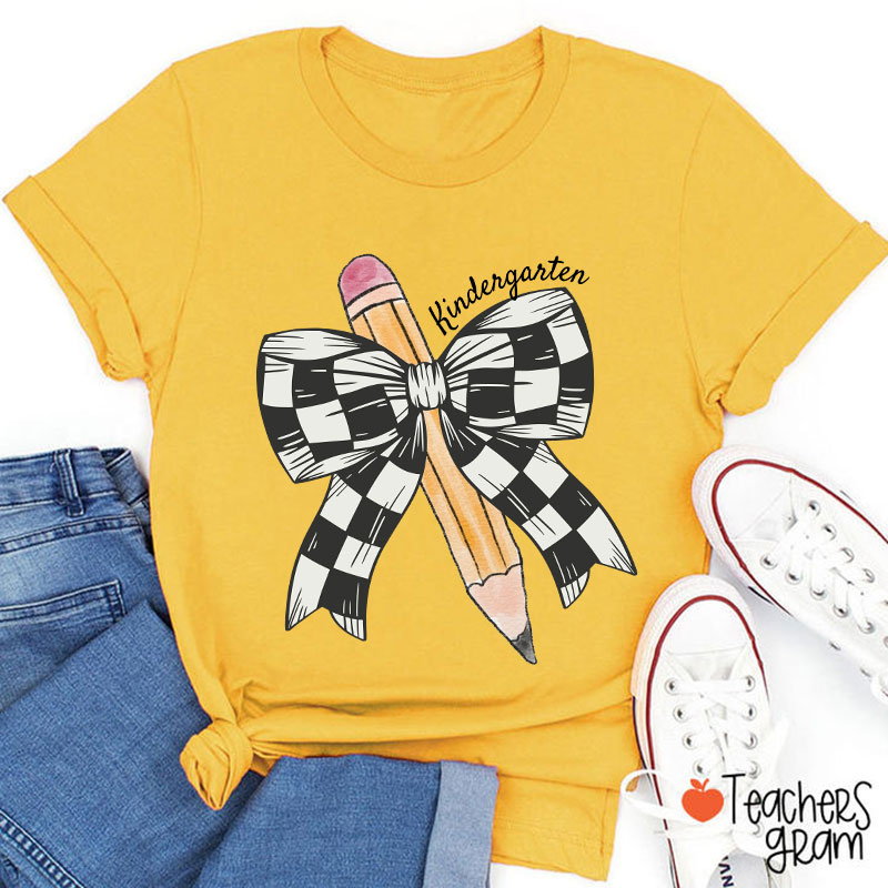 Personalized Grade Checkered Bow Pencil Teacher T-Shirt