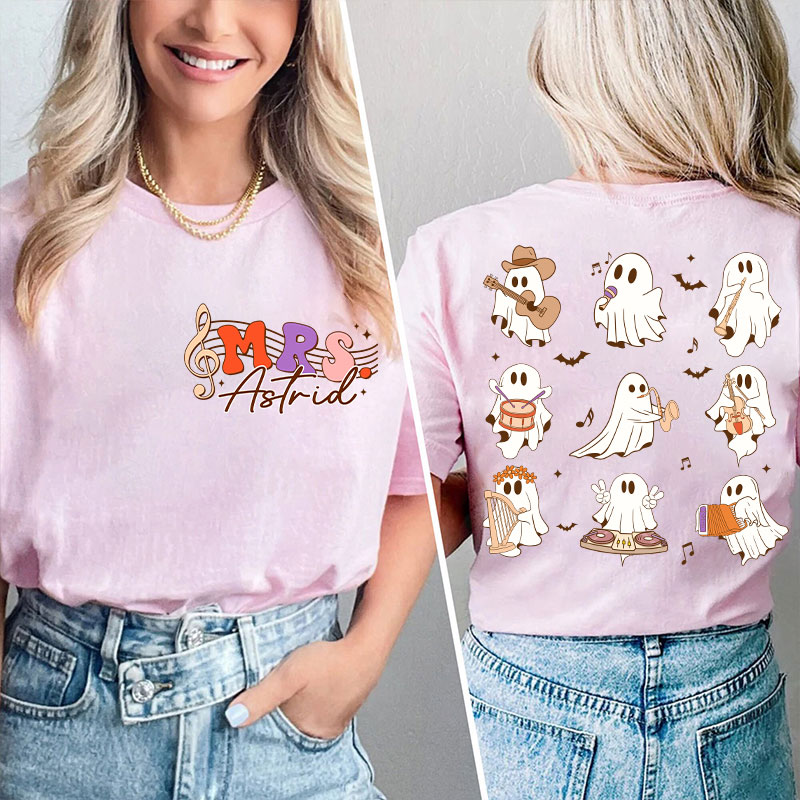Personalized Name Ghost Music Teacher Two Sided T-Shirt