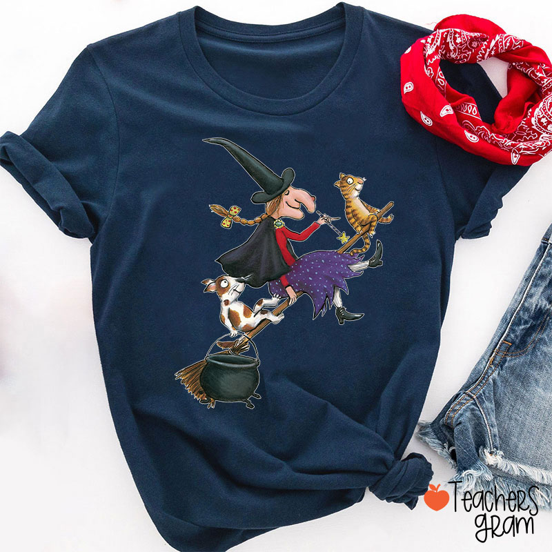 Witch Dog Cat Dark Gothic Halloween Teacher T-Shirt