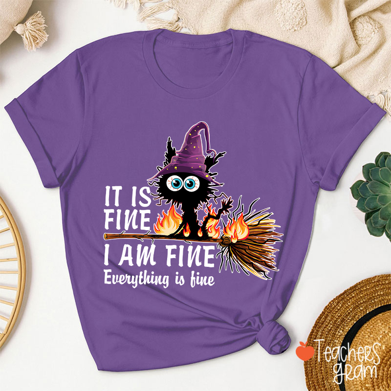 It Is Fine I Am Fine Everything Is Fine Halloween Broom Cat Teacher T-Shirt