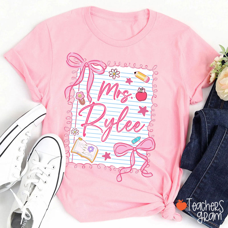 Personalized Name Coquette Bow Valentine Teacher T-Shirt