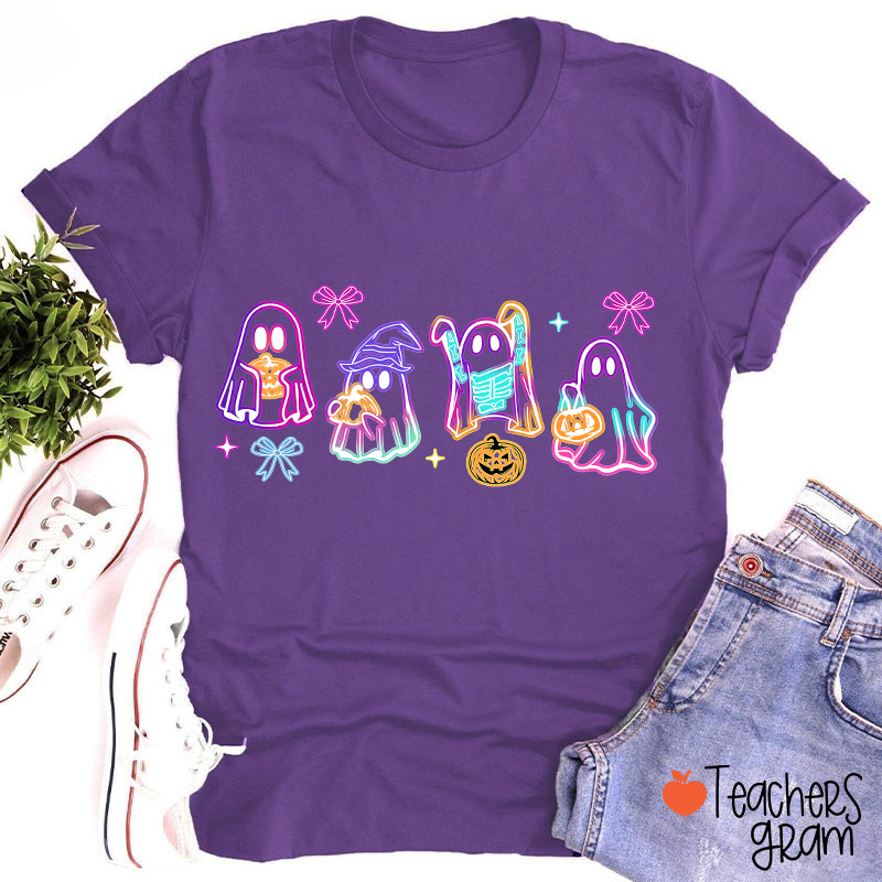 Colorful Neon Ghost Pumpkin Teacher T-Shirt