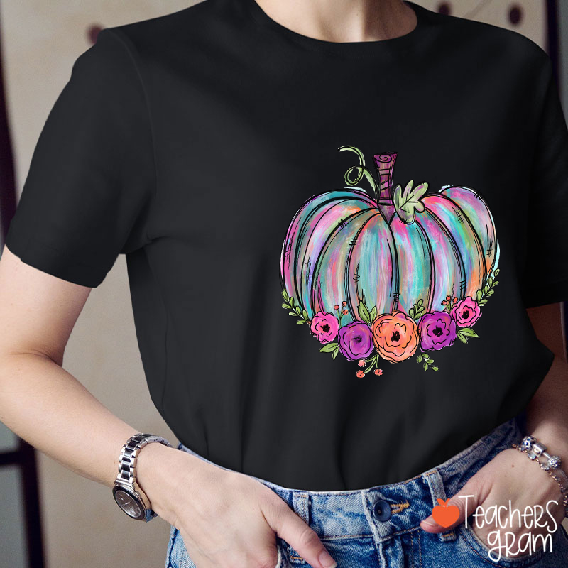Colorful Pumpkin Watercolor Pumpkin Teacher T-Shirt
