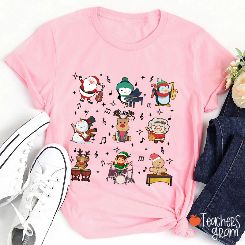 Cute Christmas Cartoons Playing Musical Instruments TeacherT-Shirt