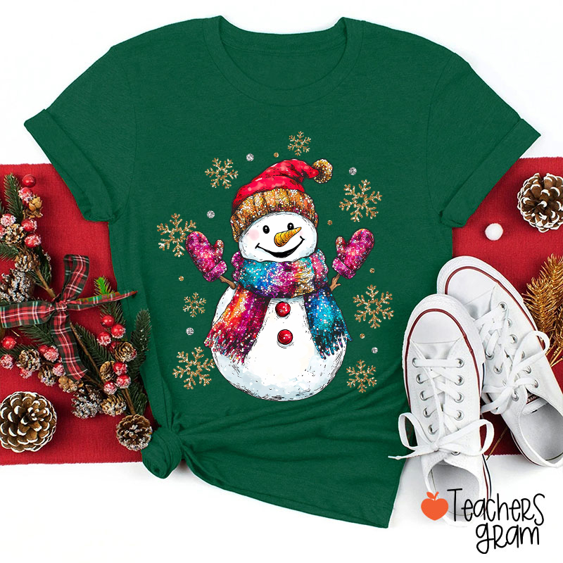 Colorful Scarves Snowman Teacher T-Shirt