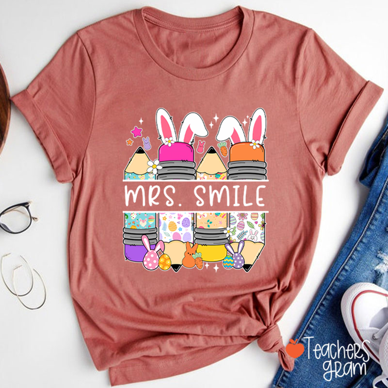 Personalized Name Bunny Pencil Teacher T-Shirt