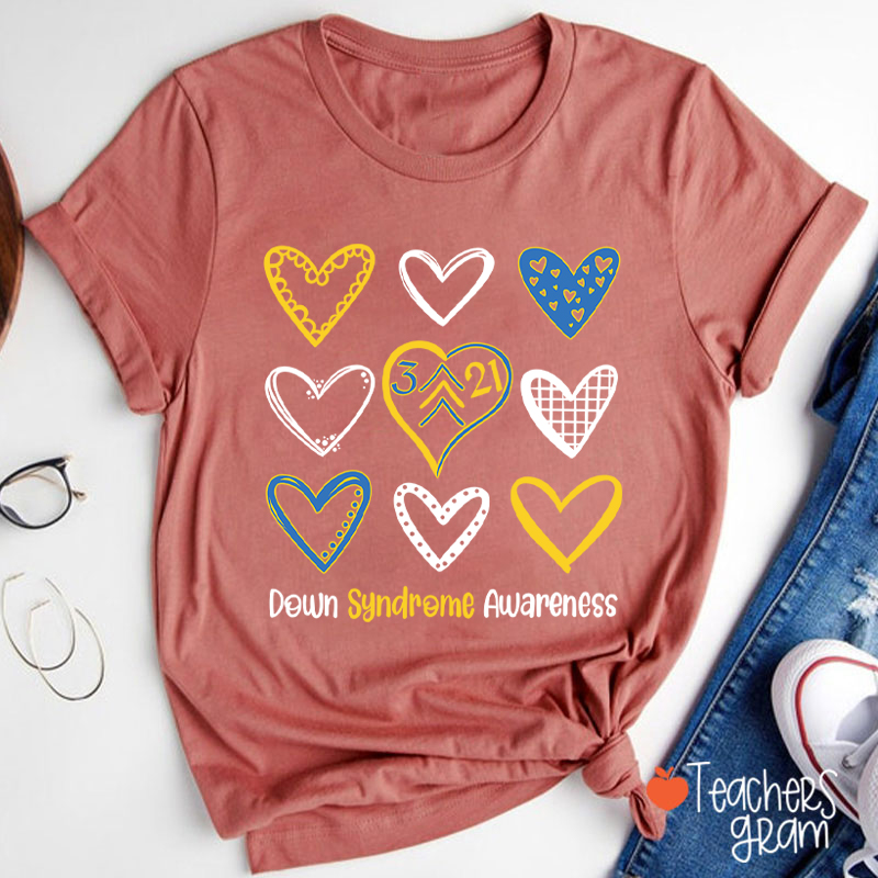 Down Syndrome Awareness Heart Teacher T-Shirt
