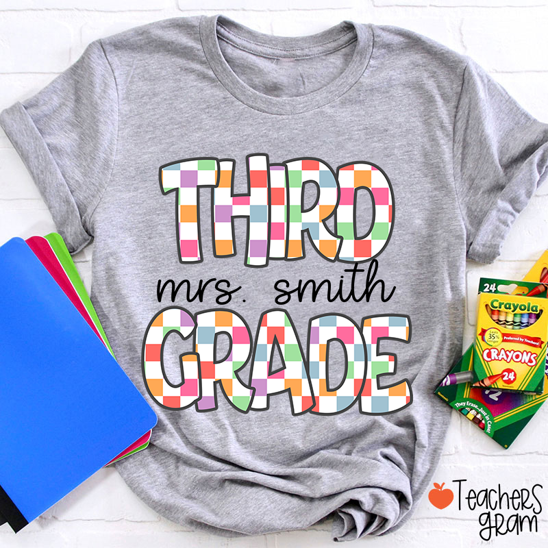 Personalized Name And Grade Checkered Fonts Teacher T-Shirt