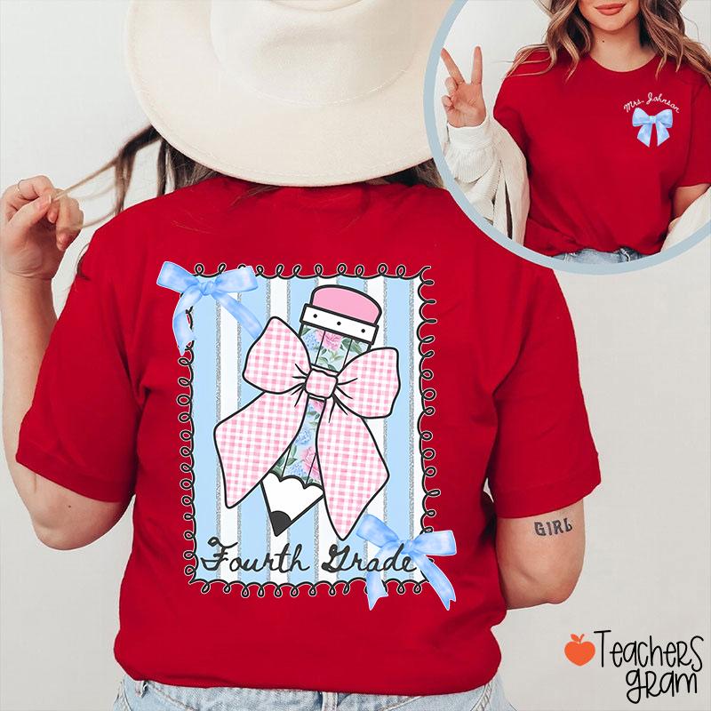 Personalized Grade And Name Flower Pencil Checkered Bow Teacher Two Sided T-Shirt