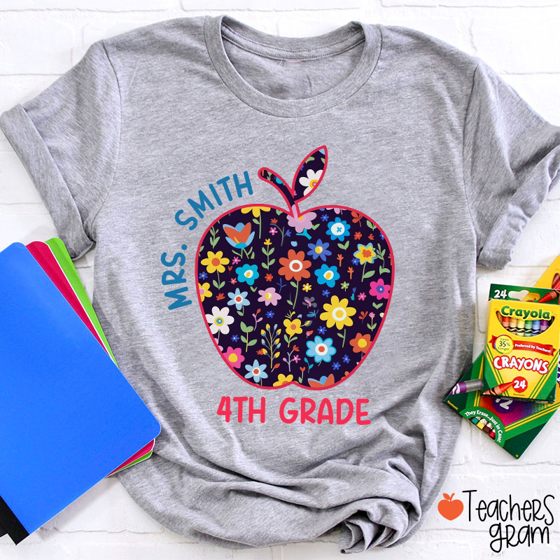 Personalized Grade And Name Blue And White Porcelain Apple Teacher T-Shirt