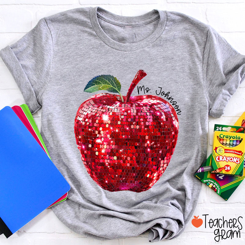 Personalized Red Glitter Apple And Name Teacher T-Shirt