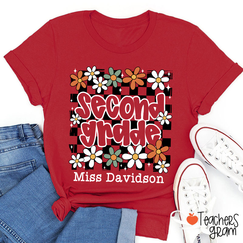 Personalized Text And Name Checkered Flowers Teacher T-Shirt