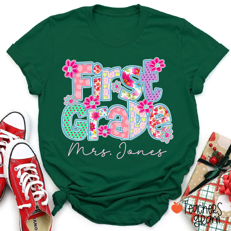 Personalized Grade Flowers Font Teacher T-Shirt