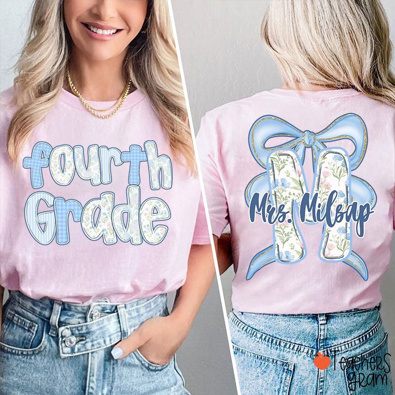 Personalized Grade And Name Initials Blue Bow Teacher Two Sided T-Shirt