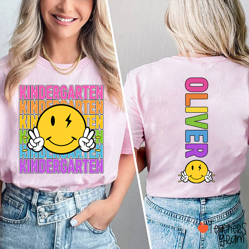 Personalized Grade And Name Smiley Face Teacher Two Sided T-Shirt