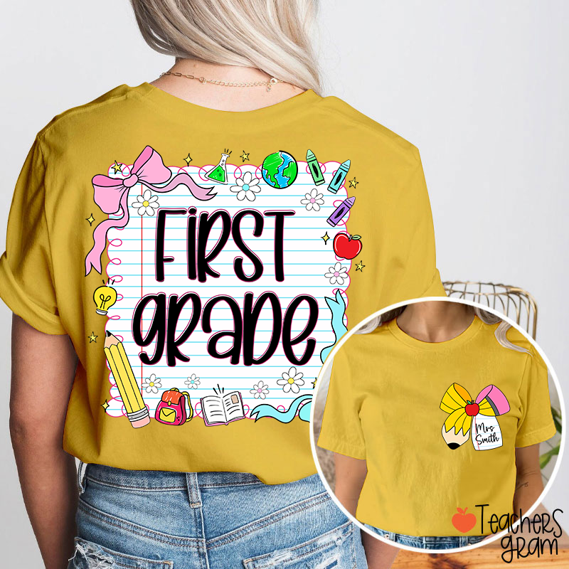 Personalized Grade And Name Pencil Bow Notebook Teacher Two Sided T-Shirt