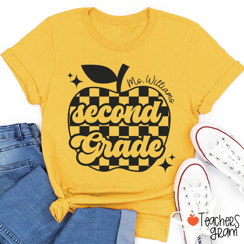 Personalized Black And White Checkerboard Apple And Name Teacher T-Shirt