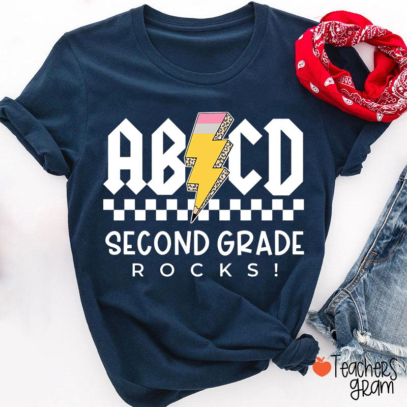 Personalized Grade Lightning Pencil Checkerboard Teacher T-Shirt