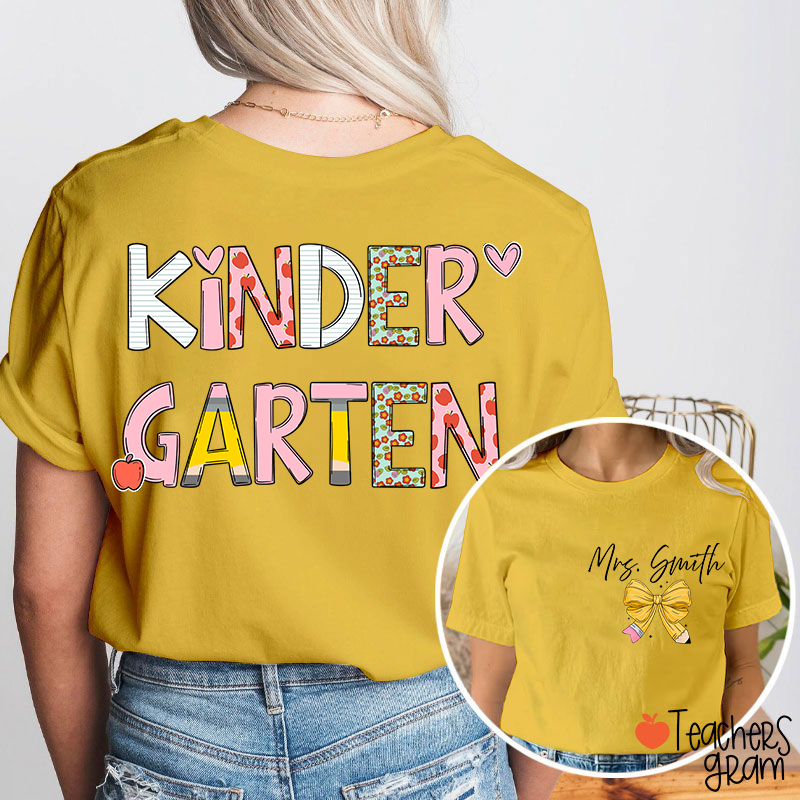 Personalized Grade Stationery Heart Apple Pencil Teacher Two Sided T-Shirt