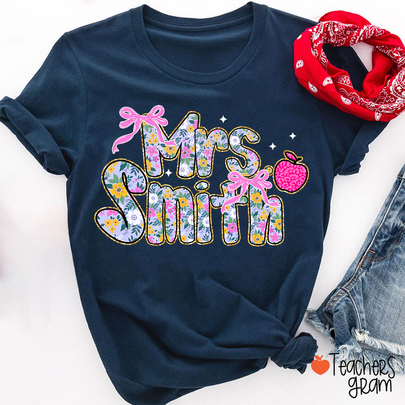 Personalized Name Apple Bow Floral Star Teacher T-Shirt