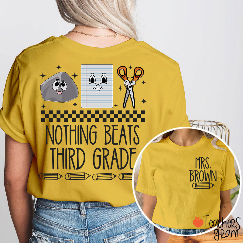Personalized Grade Name Pencil Rock Checkerboard Notebook Scissors Teacher Two Sided T-Shirt