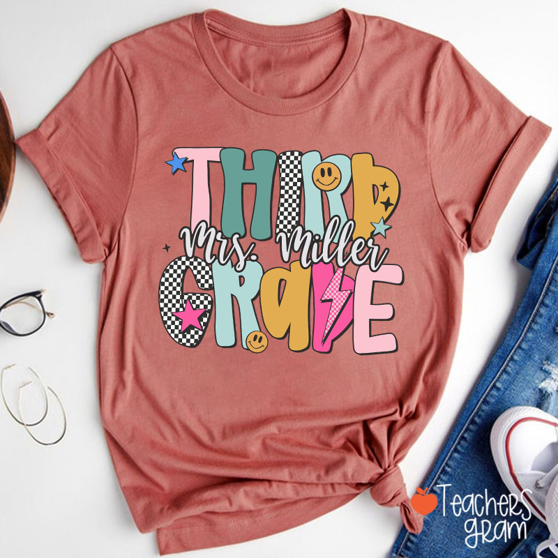 Personalized Grade Checkered Smiley Lightning Teacher T-Shirt