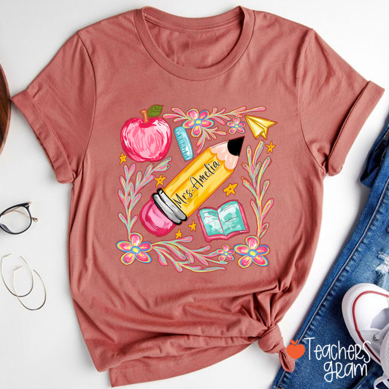 Flowers Pencil Apple Book Star Teacher T-Shirt