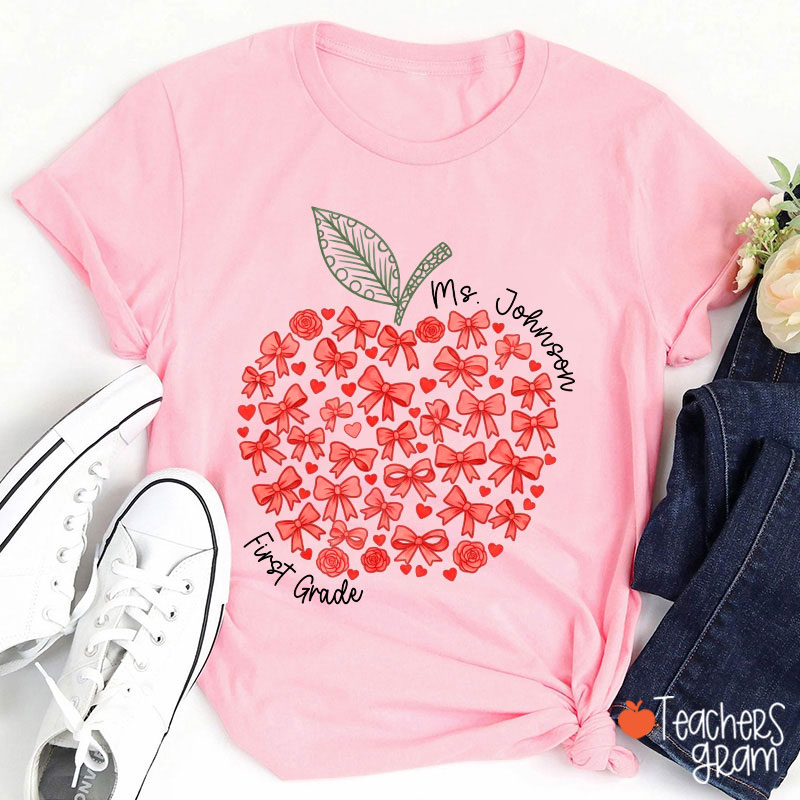 Personalized Name Or Grade Bow Apple Teacher T-Shirt