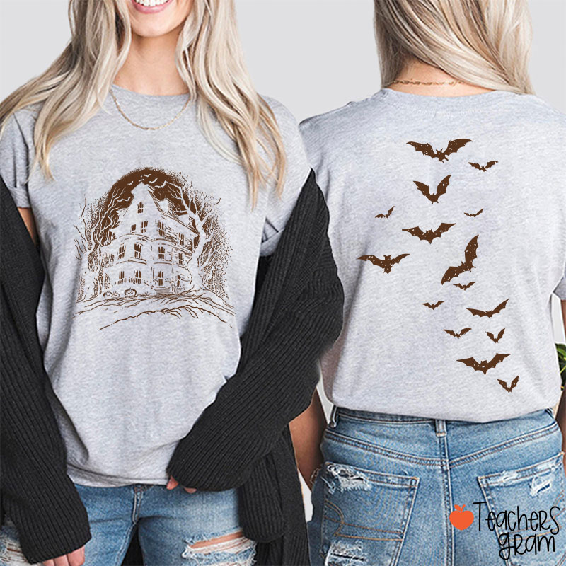 Vintage Haunted House Spooky Season Teacher Two Sided T-Shirt